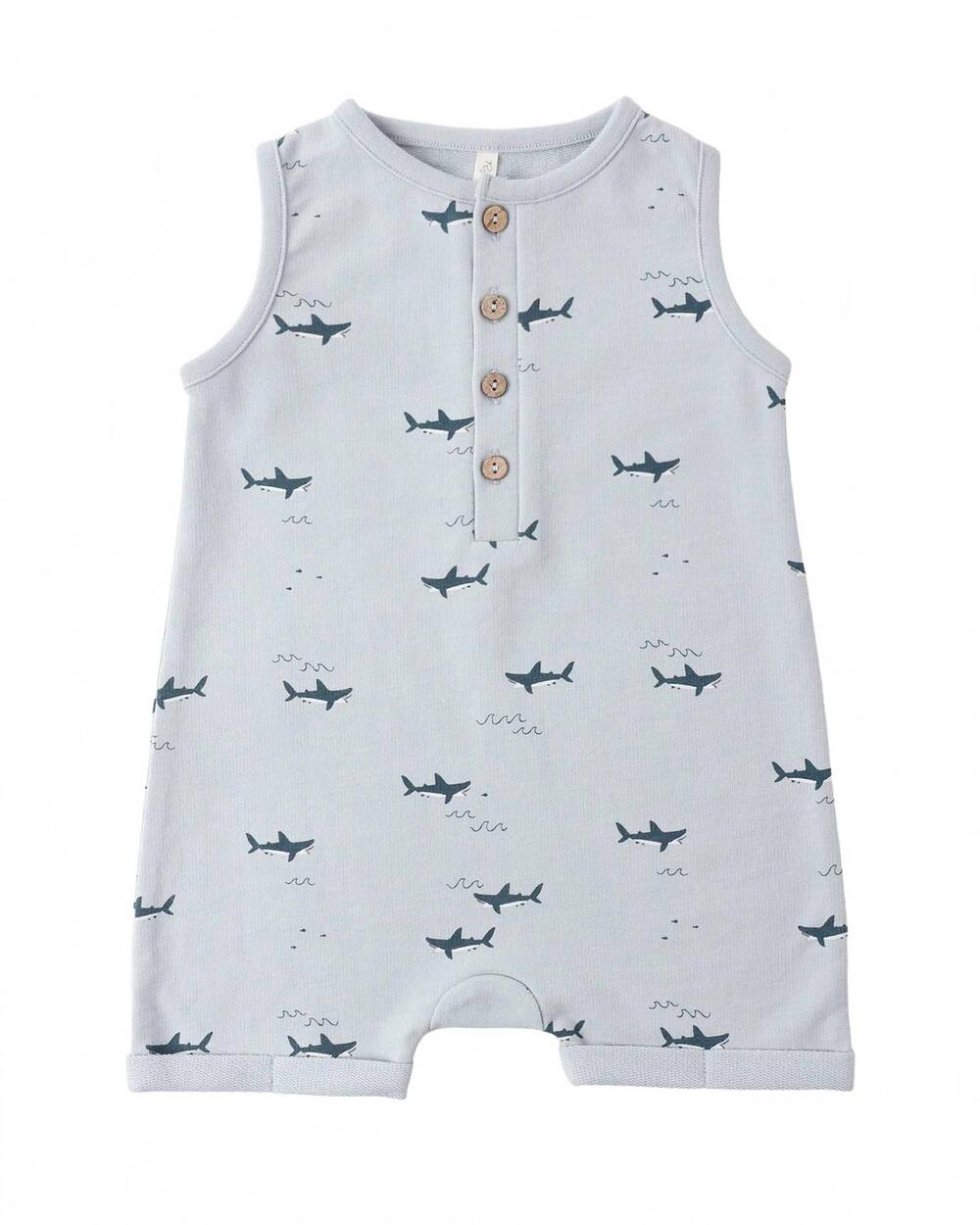 NEW RYLEE + CRU kid's sharks davis romper in light blue